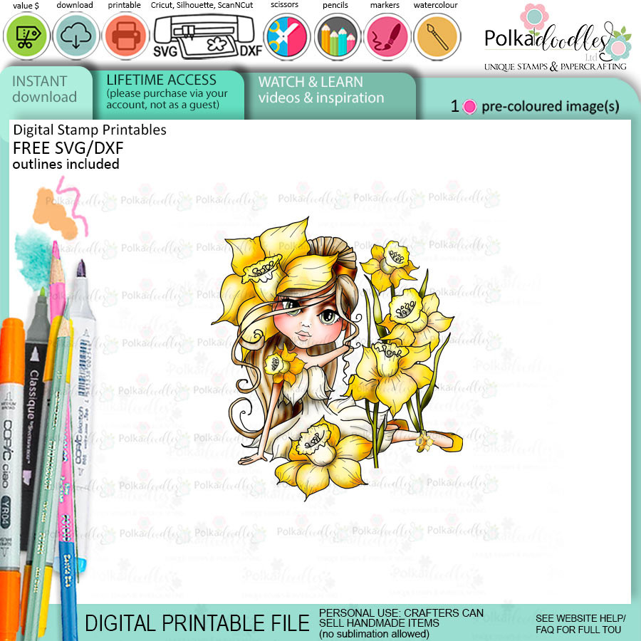 Daffodil flower girl Darling Buds - colour clipart printable digital stamp for card making, craft, scrapbooking, printable stickers
