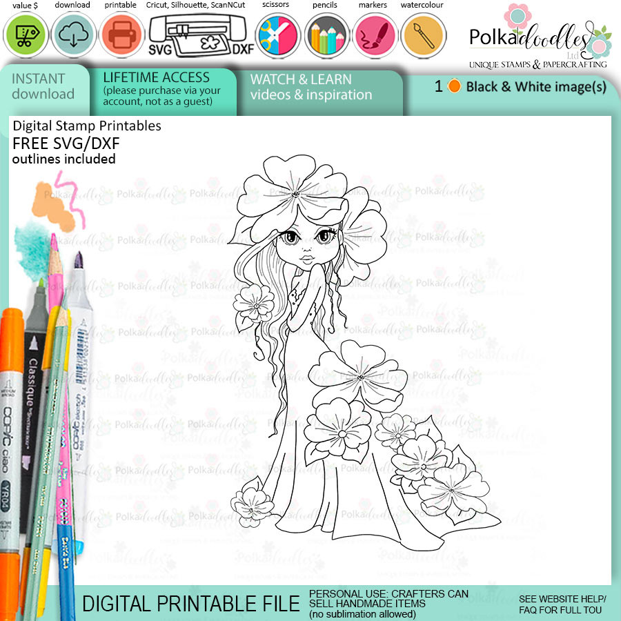 Primrose flower girl Darling Buds - printable digital stamp for card making, craft, scrapbooking, printable stickers