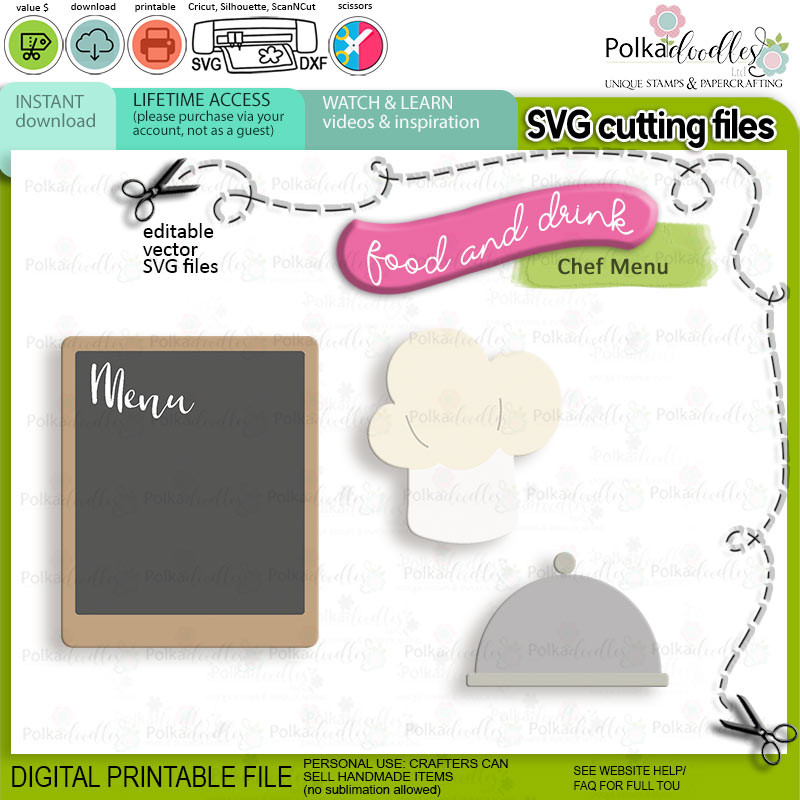 Menu, Chef hat, cloche server, Juice Food, Drink, Kitchen SVG cutting files - cricut silhouette cutting file printable digital SVG waffles food kitchen colour clipart craft card making scrapbook sticker.