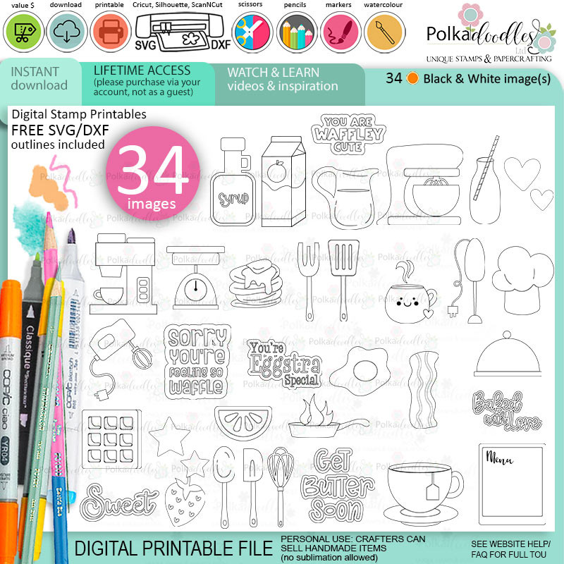 Pancake waffles printable digital stamps with SVG cutting outline - food kitchen craft-card-making-scrapbook-sticker