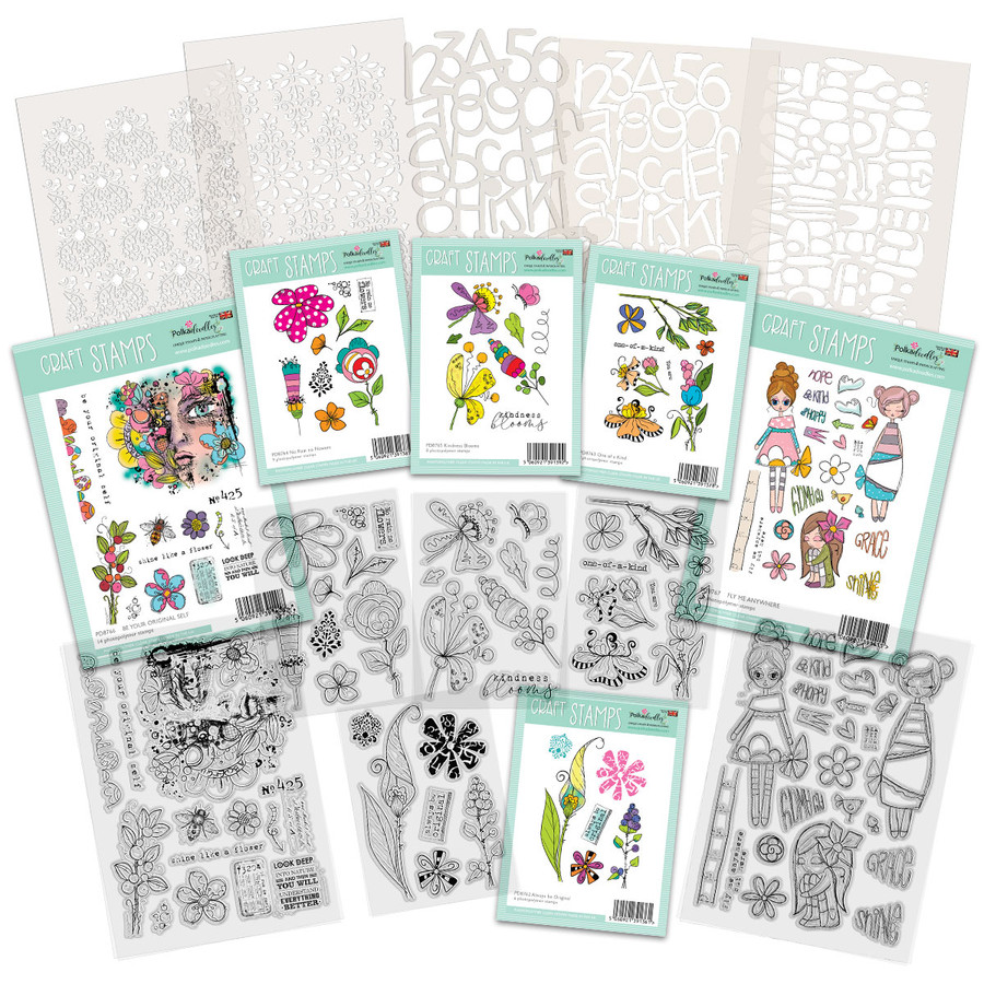 One of a Kind bundle - Clear Stamps and Stencils for mixed media card making craft