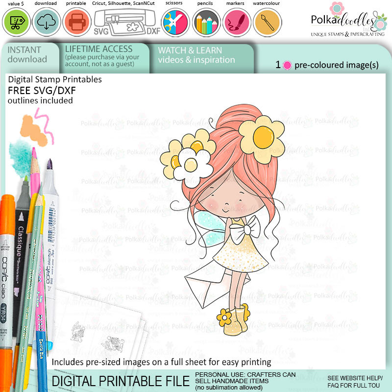 Message Letter Fairy Winnie Daisy printable precoloured clipart card making crafts scrapbooking sticker with SVG print and cut outline