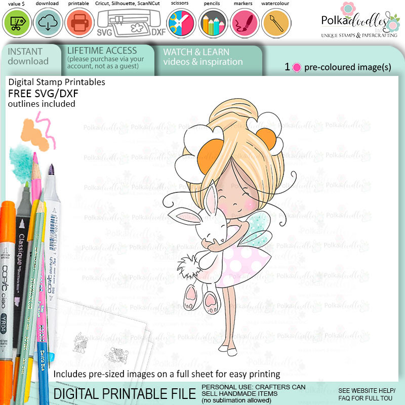Bunny Rabbit friend Fairy Winnie Daisy printable precoloured clipart card making crafts scrapbooking sticker with SVG print and cut outline