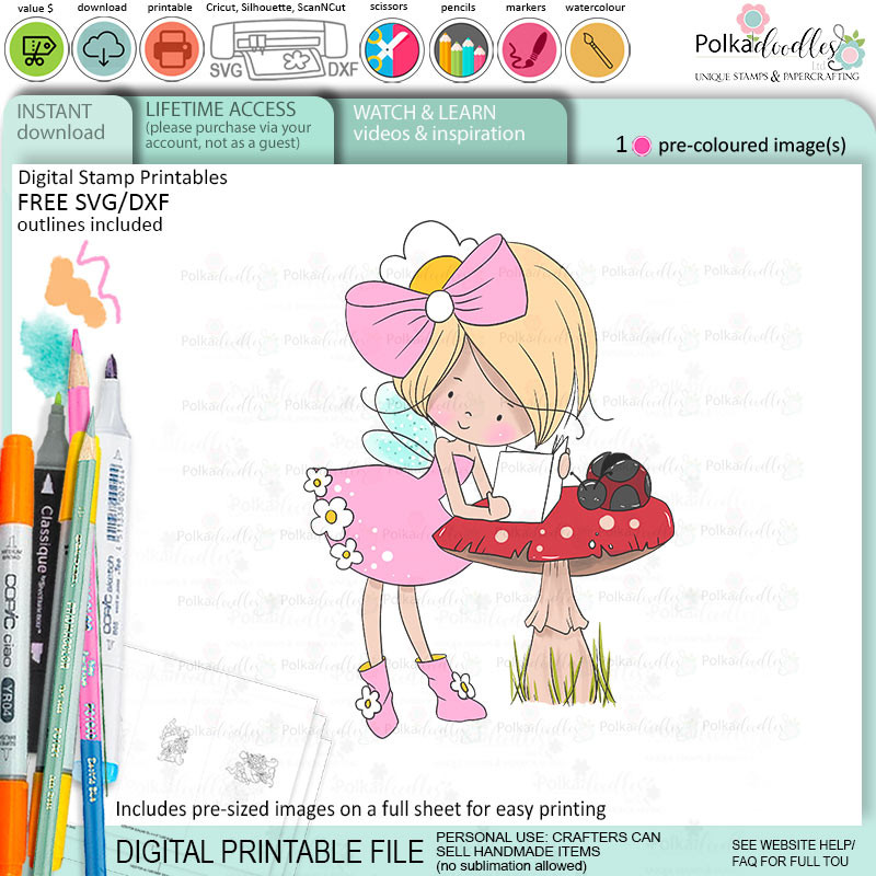 Study Reading toadstool mushroom Fairy Winnie Daisy printable precoloured clipart card making crafts scrapbooking sticker with SVG print and cut outline