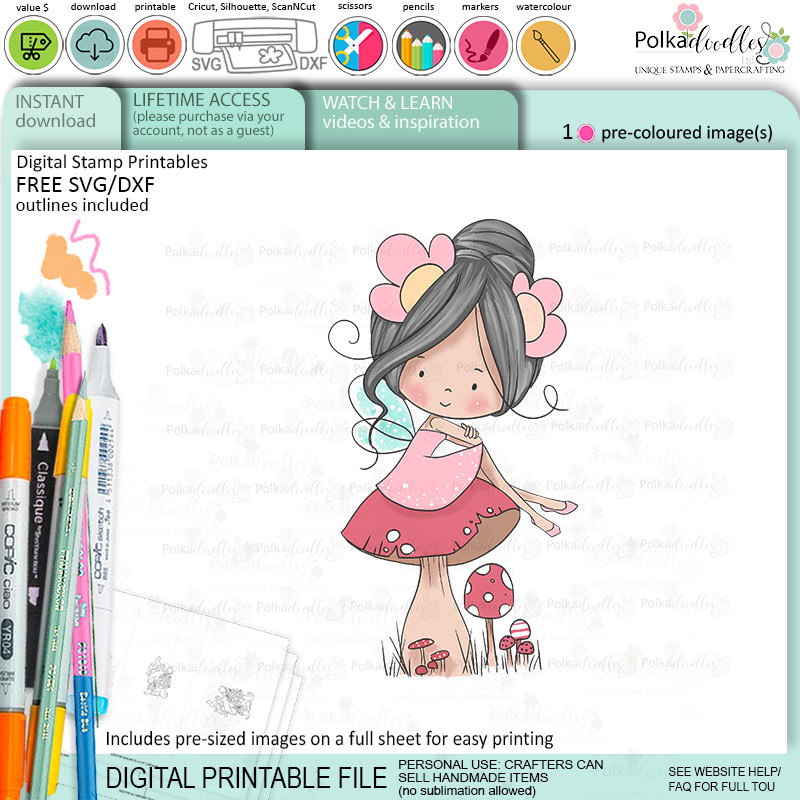 Toadstool mushroom Fairy Winnie Daisy printable precoloured clipart card making crafts scrapbooking sticker with SVG print and cut outline