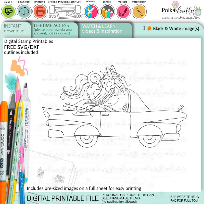 Vintage car Fairy Winnie Daisy printable digital stamp colouring card making crafts scrapbooking sticker with SVG print and cut outline