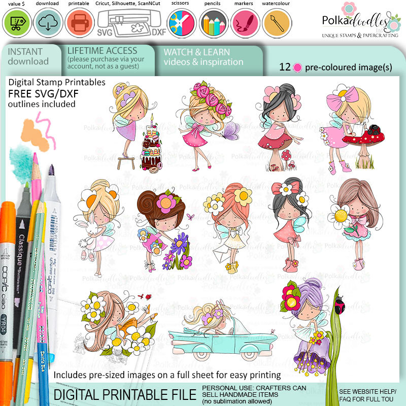 Winnie Daisy Fairy 2 Big Kahuna printable digital stamp bundle - colouring card making crafts scrapbooking sticker with SVG print and cut outline