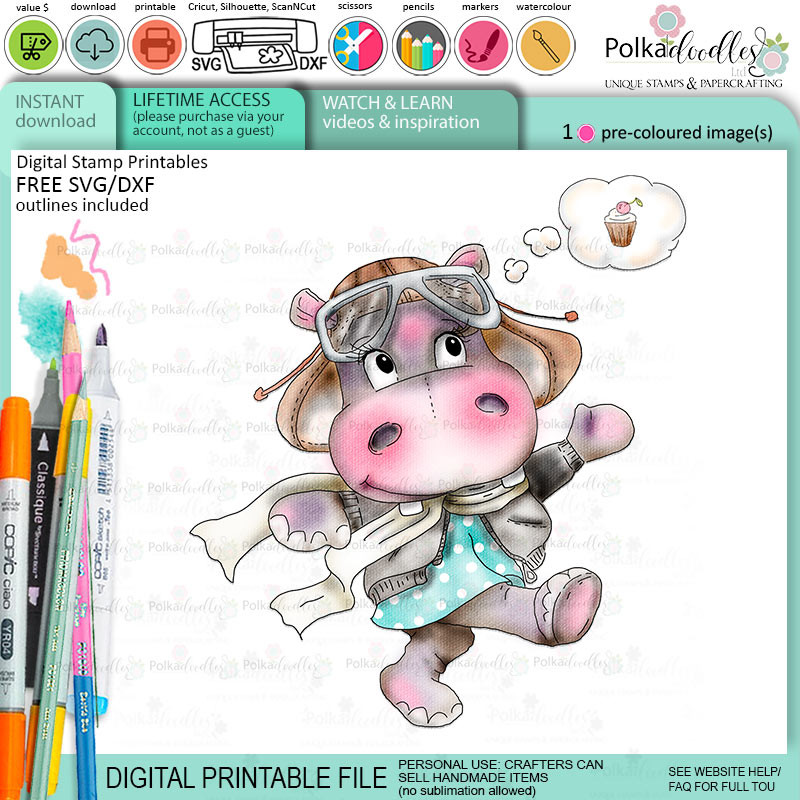 Fly high Follow your Dreams cute Helga Hippo printable precoloured clipart card making crafts scrapbooking sticker with SVG print and cut outline