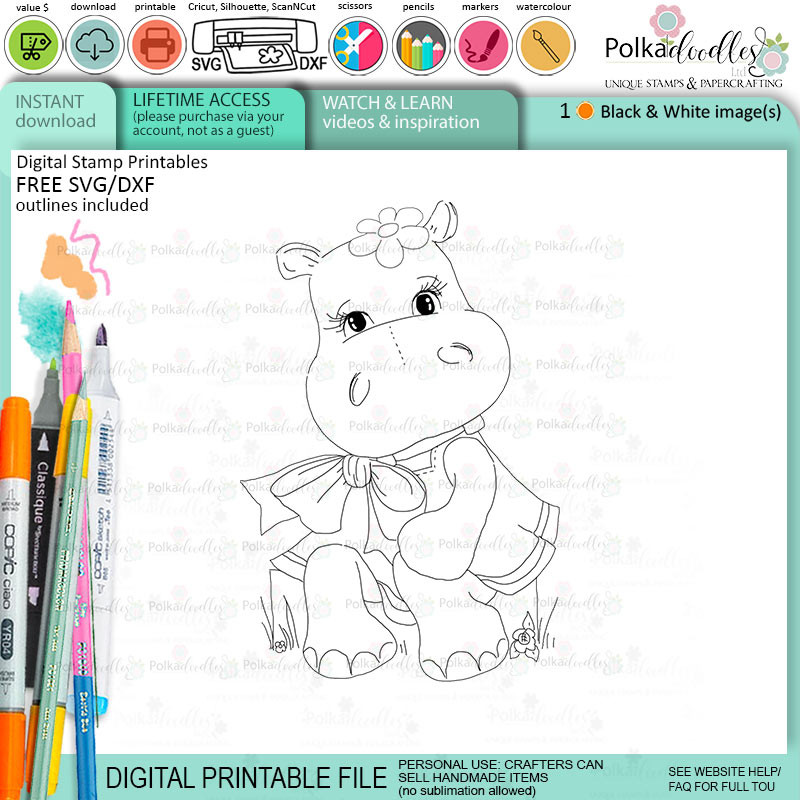 Sitting pretty cute Helga Hippo printable digital stamp - card making crafts scrapbooking sticker with SVG print and cut outline