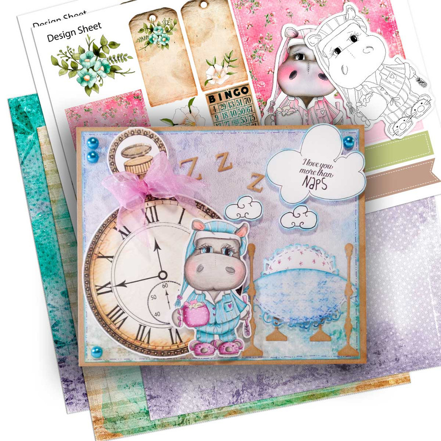 Bedtime pyjamas cute Helga Hippo printable digital stamp - card making crafts scrapbooking sticker with SVG print and cut outline