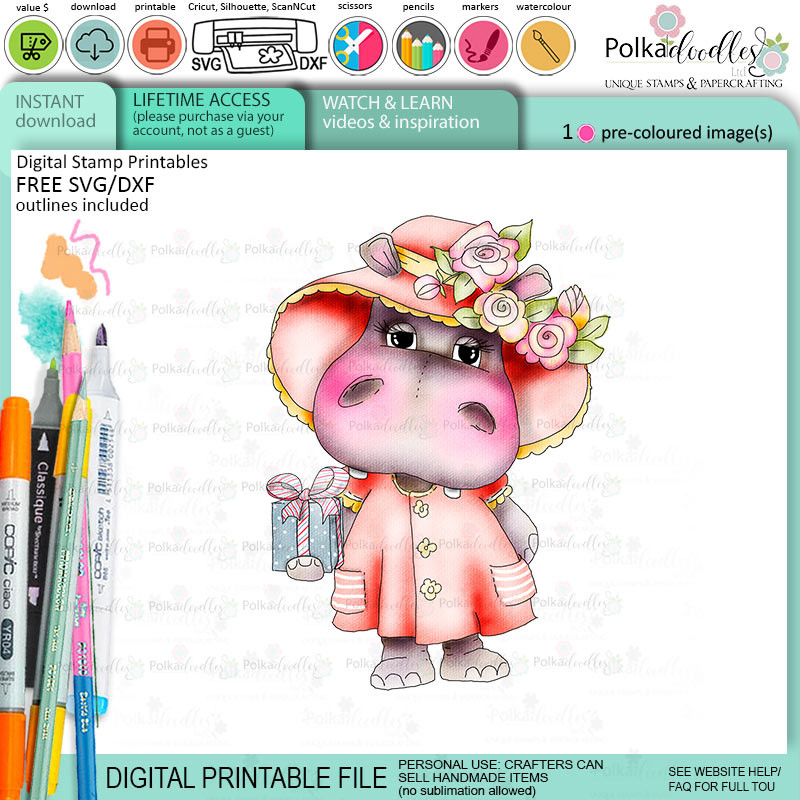 Gift for you cute Helga Hippo printable precoloured clipart card making crafts scrapbooking sticker with SVG print and cut outline