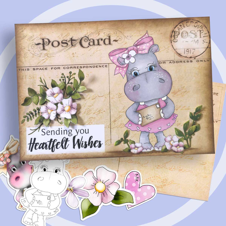 Mail letter post cute Helga Hippo printable digital stamp - card making crafts scrapbooking sticker with SVG print and cut outline