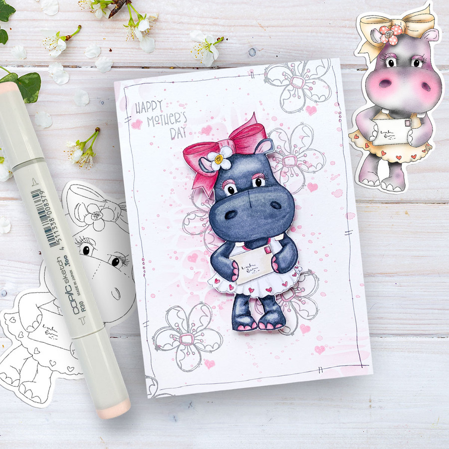 Mail letter post cute Helga Hippo printable digital stamp - card making crafts scrapbooking sticker with SVG print and cut outline