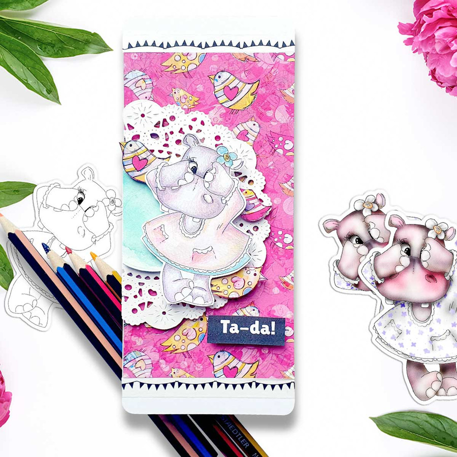 Hello Peek a Boo Handbag cute Helga Hippo printable precoloured clipart card making crafts scrapbooking sticker with SVG print and cut outline