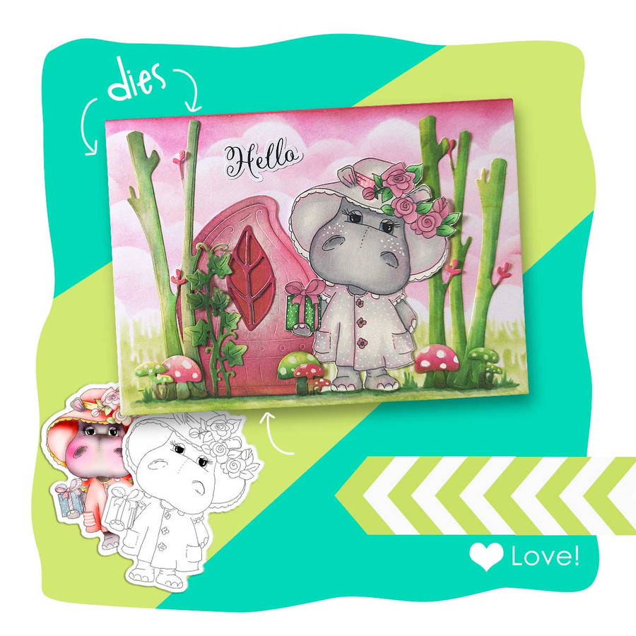 Cute Helga Hippo printable digital stamp bundle - card making crafts scrapbooking stickers with SVG print and cut outlines
