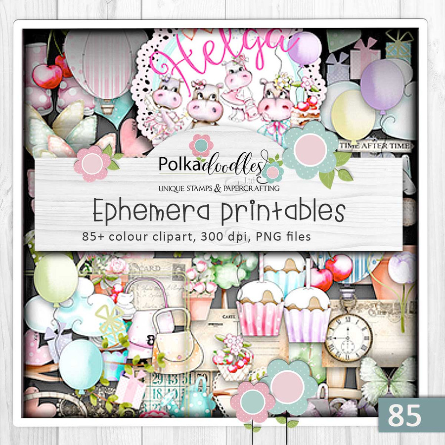 Cute Helga Hippo printable digital stamps, colour clipart, paper patterns, greetings, ephemera - card making crafts scrapbooking stickers with SVG print and cut outlines.