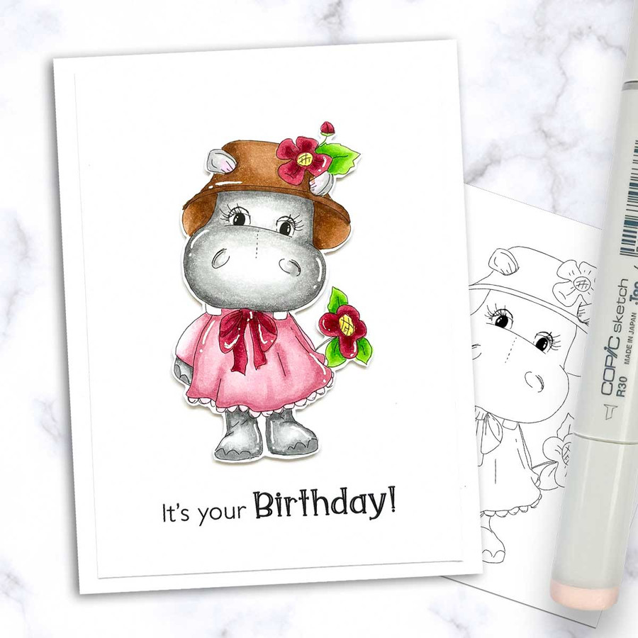 Cute Helga Hippo printable digital stamps, colour clipart, paper patterns, greetings, ephemera - card making crafts scrapbooking stickers with SVG print and cut outlines.