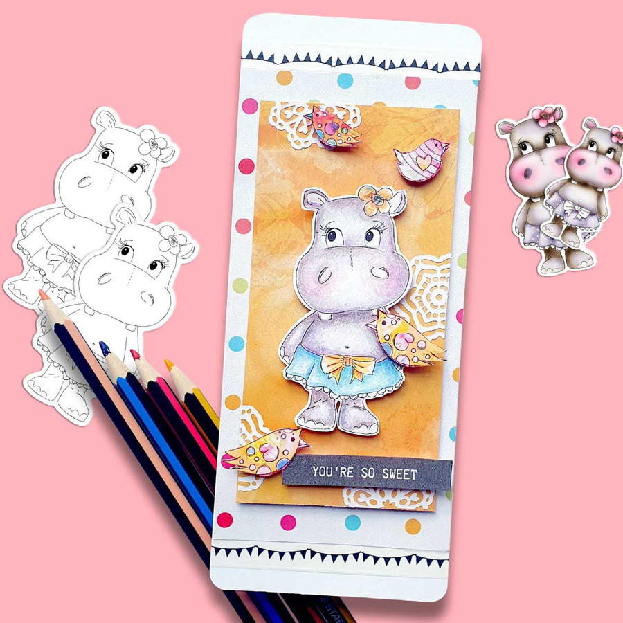 Cute Helga Hippo printable digital stamps, colour clipart, paper patterns, greetings, ephemera - card making crafts scrapbooking stickers with SVG print and cut outlines.