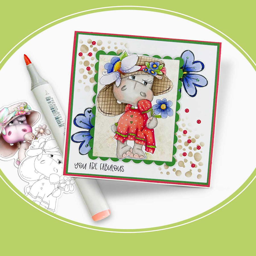 Cute Helga Hippo printable digital stamps, colour clipart, paper patterns, greetings, ephemera - card making crafts scrapbooking stickers with SVG print and cut outlines.