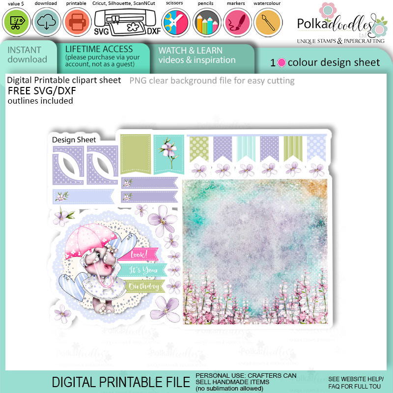 Helga Hippo Quick & easy design sheet template 13. Cute Print and Cut SVG Files for Cricut Silhouette Scan and Cut machines – for handmade cards, cardmaking, crafts