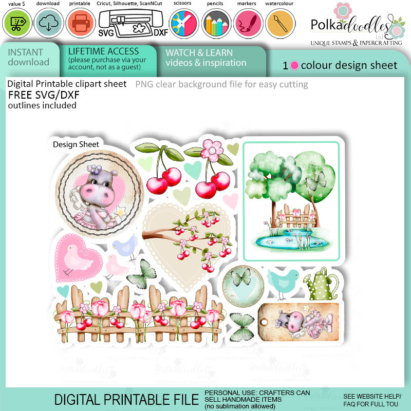 Helga Hippo Quick & easy design sheet template 15. Cute Print and Cut SVG Files for Cricut Silhouette Scan and Cut machines – for handmade cards, cardmaking, crafts