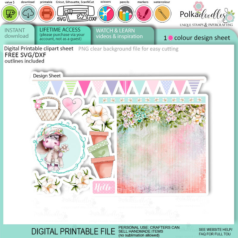 Helga Hippo Quick & easy design sheet template 26. Cute Print and Cut SVG Files for Cricut Silhouette Scan and Cut machines – for handmade cards, cardmaking, crafts