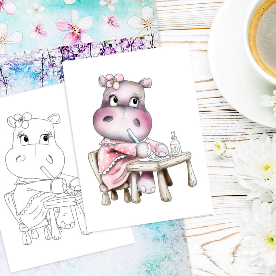 Study work note writing mail letter Helga Hippo cute clear craft card making stamp for colouring, handmade cards and crafts, scrapbooking