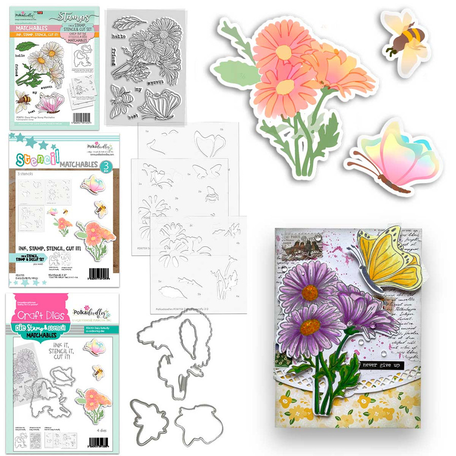 Daisy Butterfly Wings  clear stamps, outline cutting dies and layering Stencils bundle for Card making Crafts