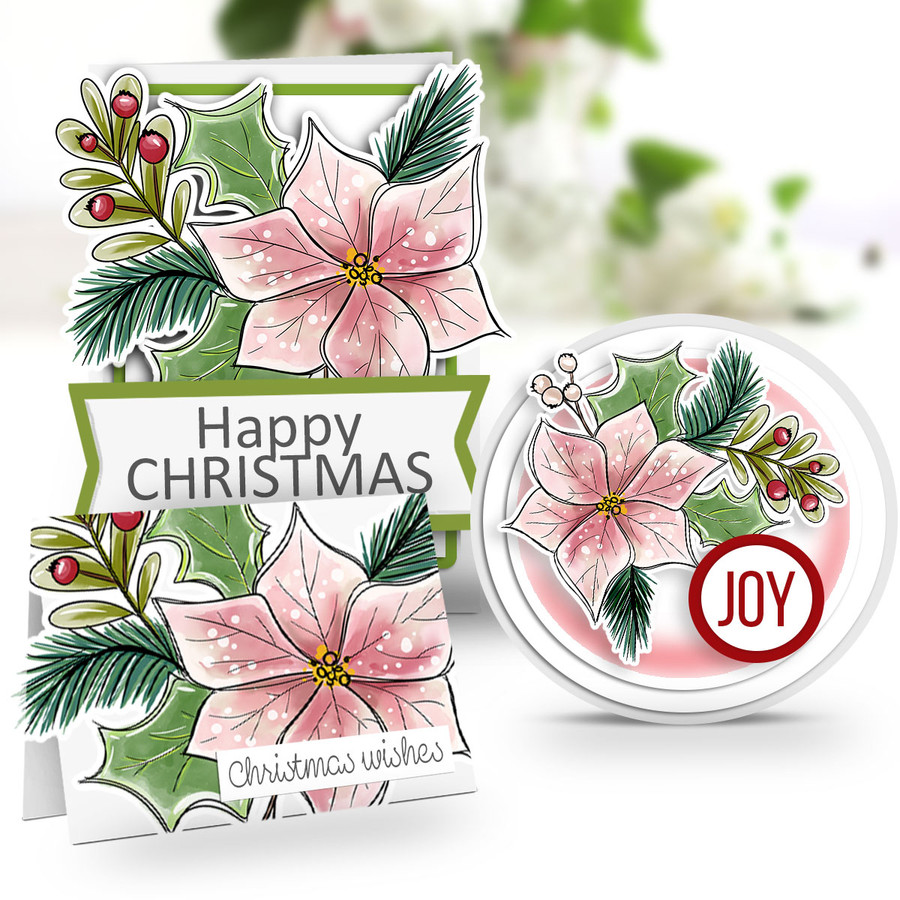 Pretty Poinsettia flower holly digital stamp clipart for card making, craft, scrapbooking, junk journal stickers