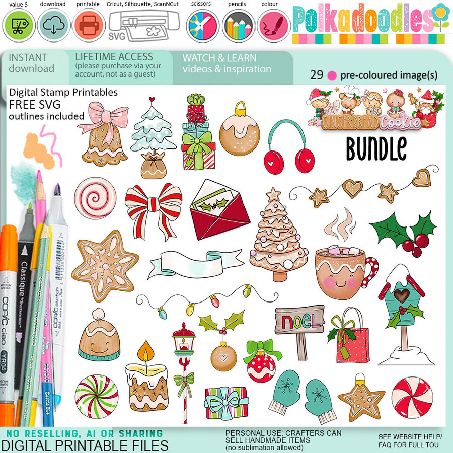 Sweet Christmas clipart bundle - Gingerbread Cookie digital stamp clipart for card making, craft, scrapbooking, junk journal stickers