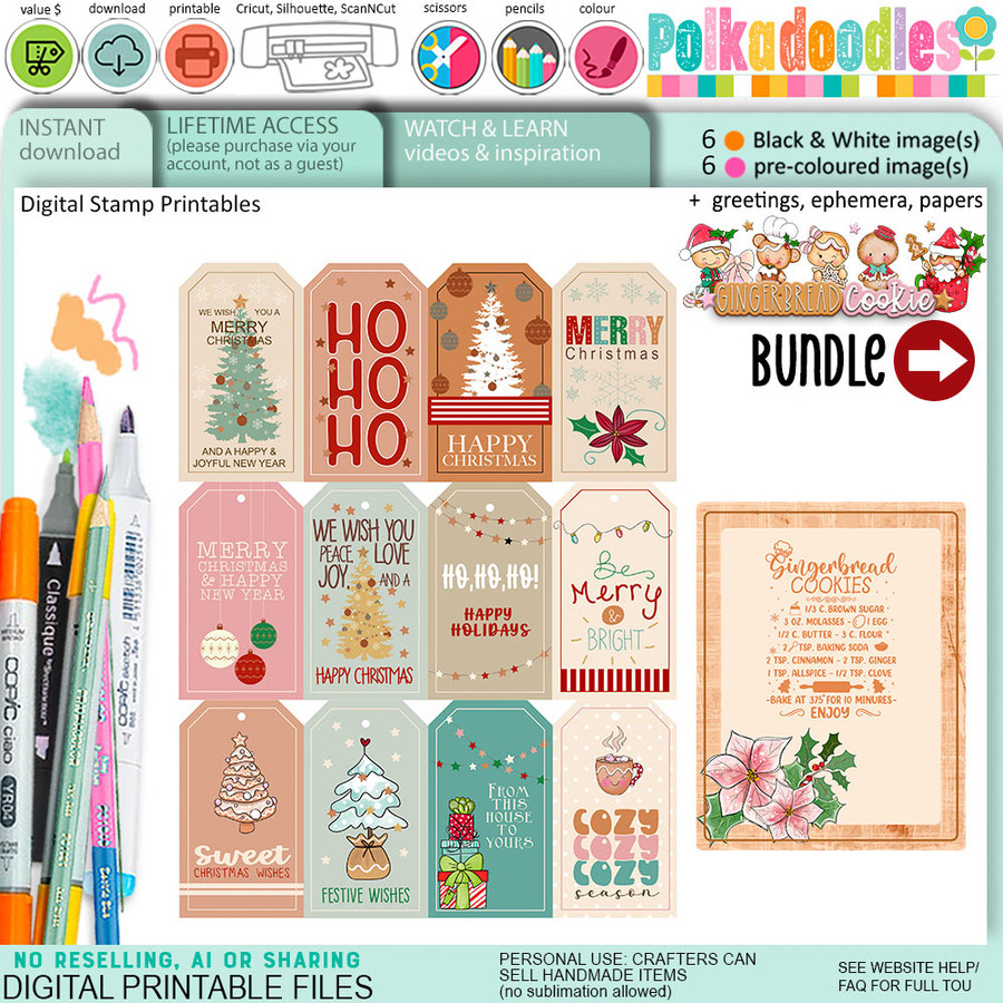 Sweet Gingerbread Cookie Christmas digistamp clipart digital stamps, printables, clipart for card making, craft, junk journals