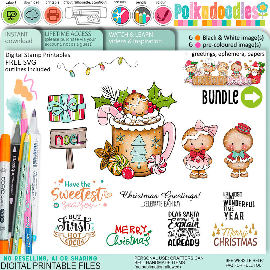 Sweet Gingerbread Cookie Christmas digistamp clipart digital stamps, printables, clipart for card making, craft, junk journals