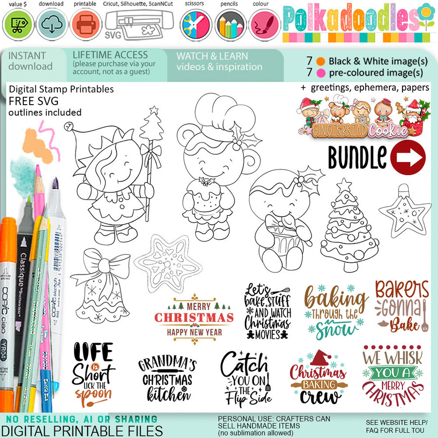 Delicious Gingerbread Cookie Christmas digistamp clipart digital stamps, printables, clipart for card making, craft, junk journals