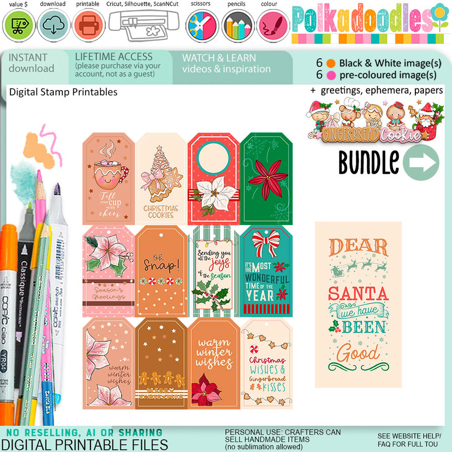 Cute Noel Gingerbread Cookie Christmas digistamp clipart digital stamps, printables, clipart for card making, craft, junk journals