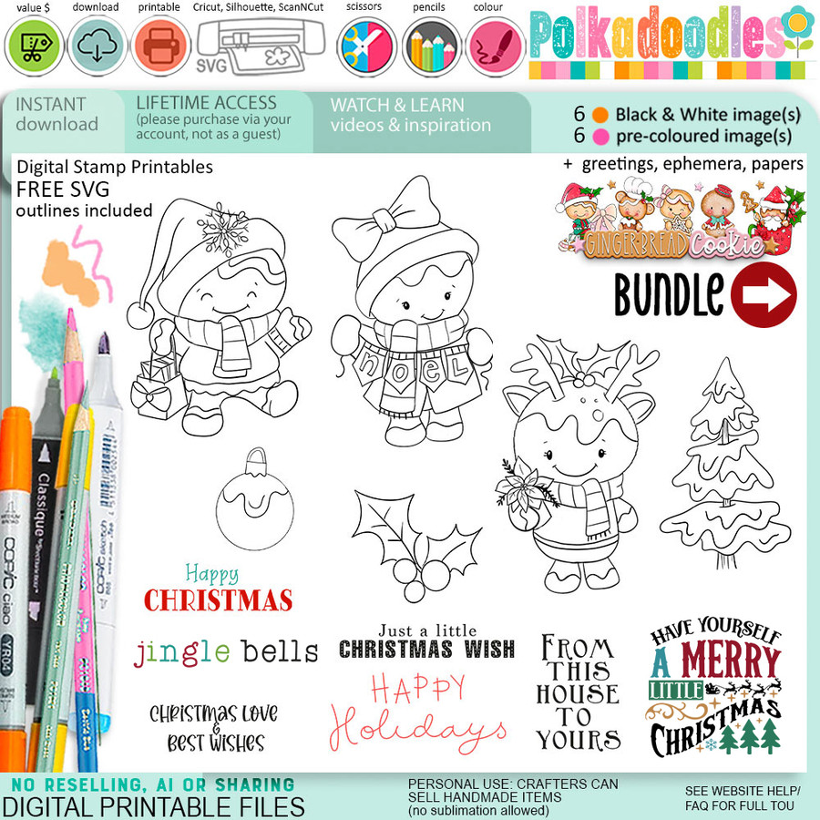 Cute Noel Gingerbread Cookie Christmas digistamp clipart digital stamps, printables, clipart for card making, craft, junk journals