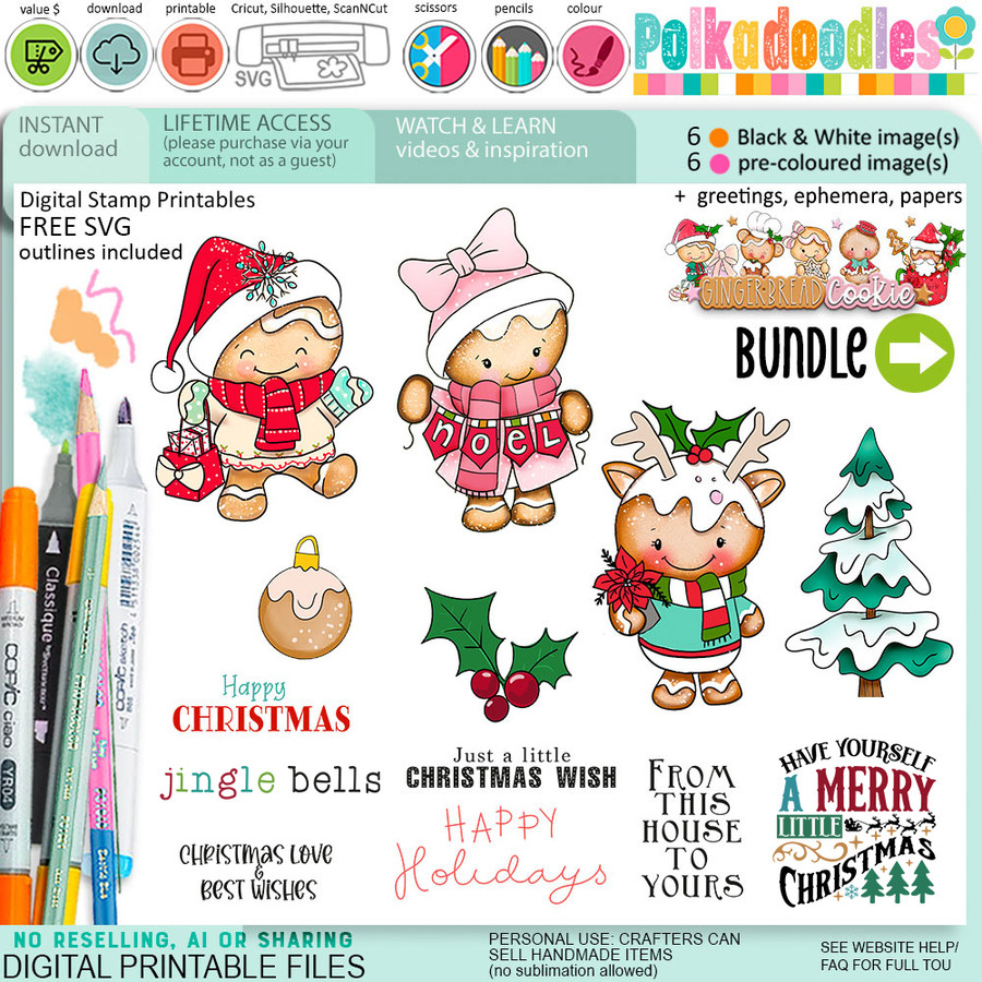 Cute Noel Gingerbread Cookie Christmas digistamp clipart digital stamps, printables, clipart for card making, craft, junk journals