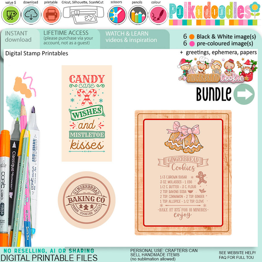 Sweet Hugs Gingerbread Cookie Christmas digistamp clipart digital stamps, printables, clipart for card making, craft, junk journals