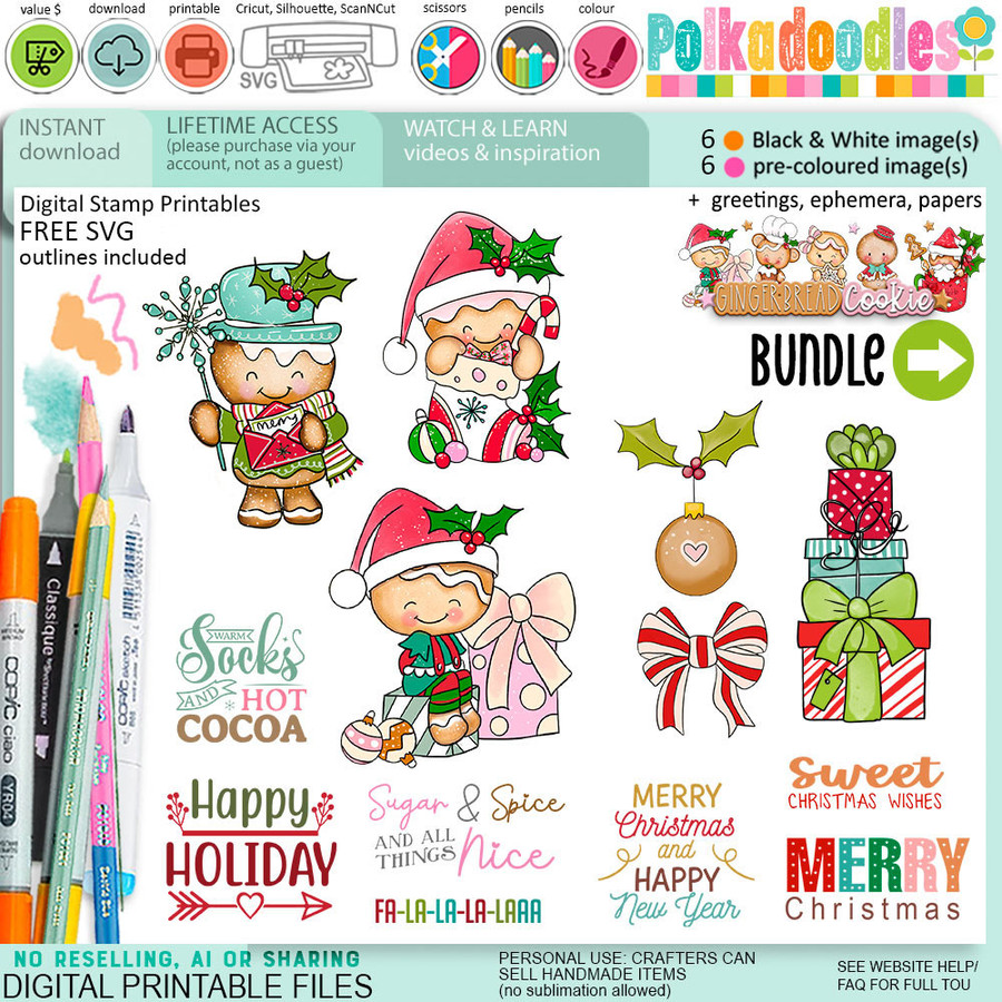 Christmas Gingerbread Cookie  digistamp clipart digital stamps, printables, clipart for card making, craft, junk journals