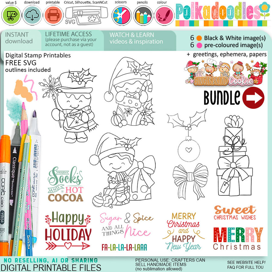 Christmas Gingerbread Cookie  digistamp clipart digital stamps, printables, clipart for card making, craft, junk journals