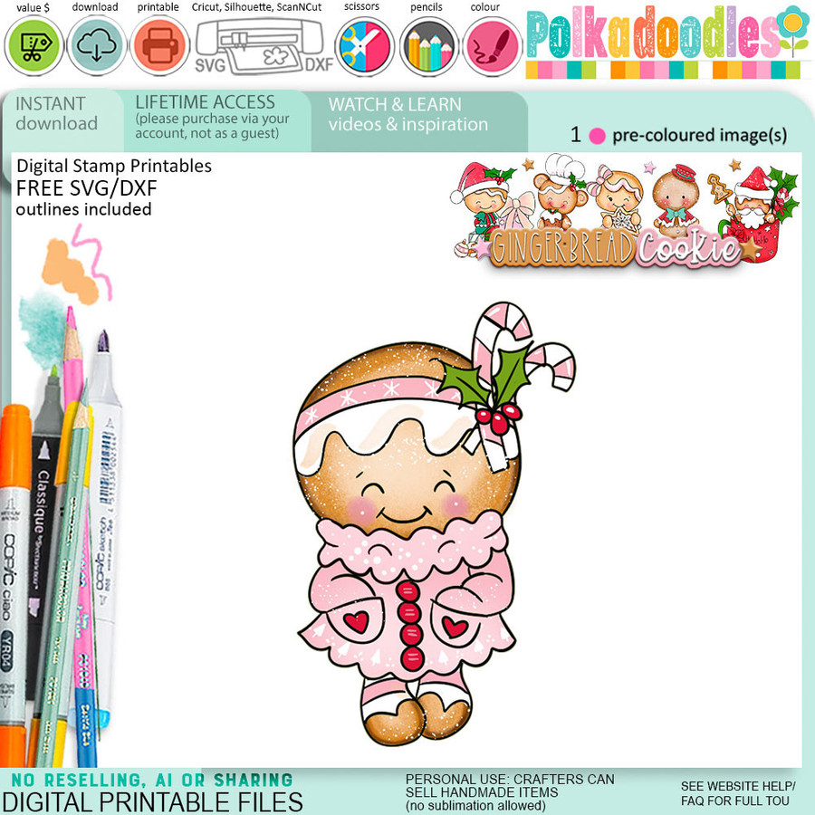 Wrapped up Warm Gingerbread Cookie digital stamps, printables, clipart for card making, craft, junk journals