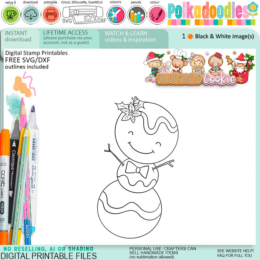 Snowman Gingerbread Cookie digital stamps, printables for card making, craft, junk journals