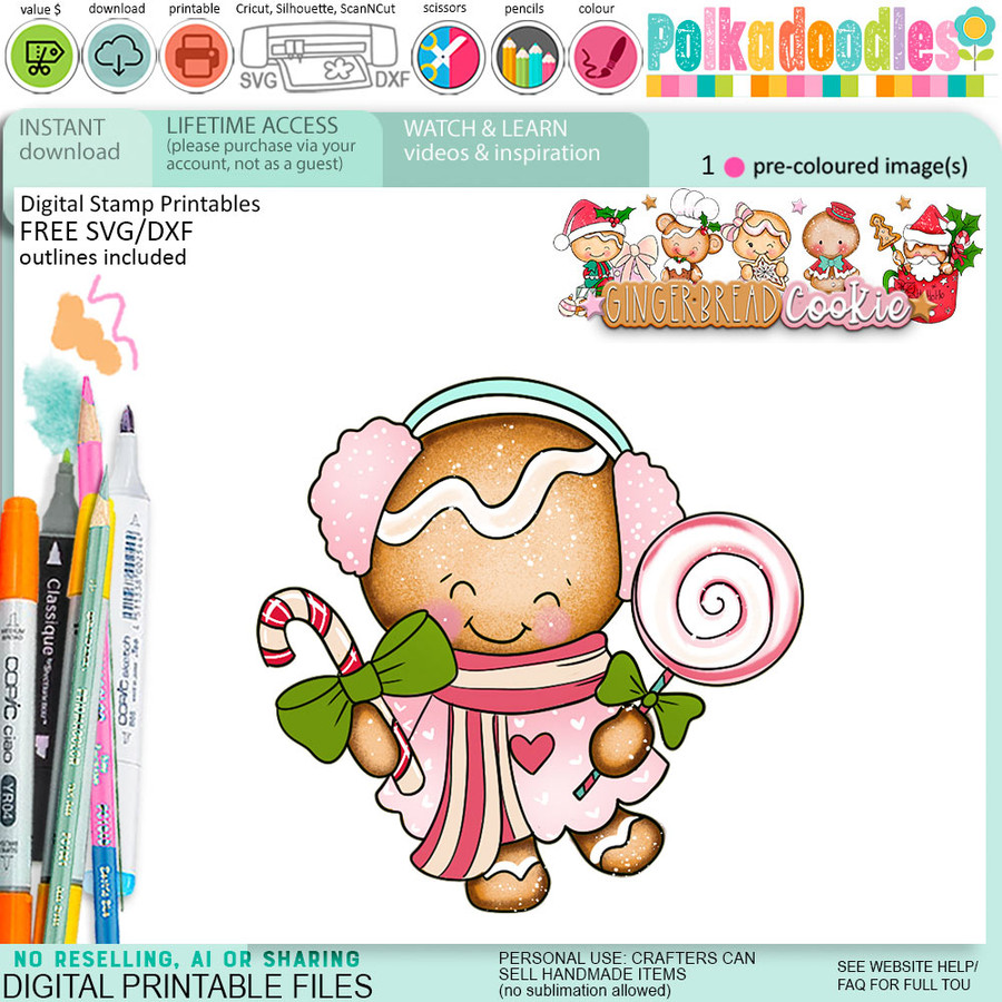 Candy delights Christmas Gingerbread Cookie digistamp clipart digital stamps, printables, clipart for card making, craft, junk journals