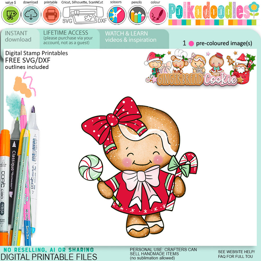 Candy Fun Christmas Gingerbread Cookie digistamp clipart digital stamps, printables, clipart for card making, craft, junk journals
