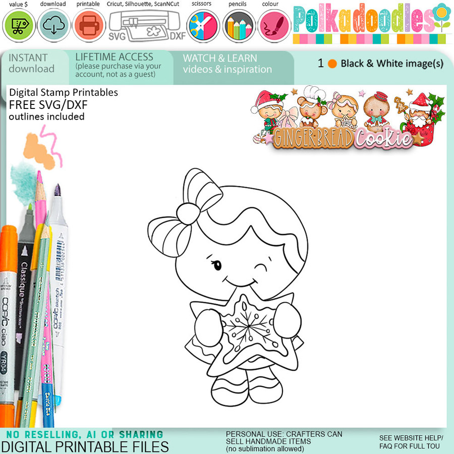 Star Christmas Gingerbread Cookie digital stamps, printables for card making, craft, junk journals