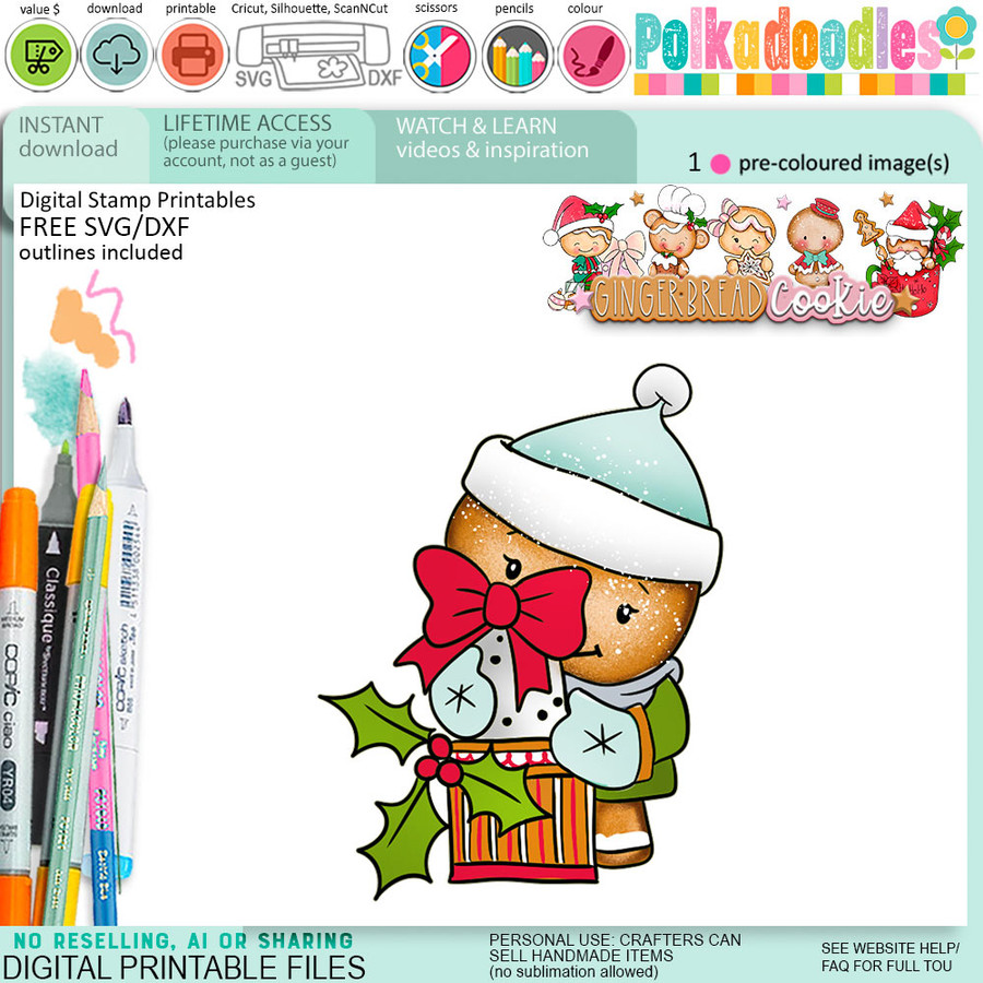 Gift giving Christmas Gingerbread Cookie digistamp clipart digital stamps, printables, clipart for card making, craft, junk journals