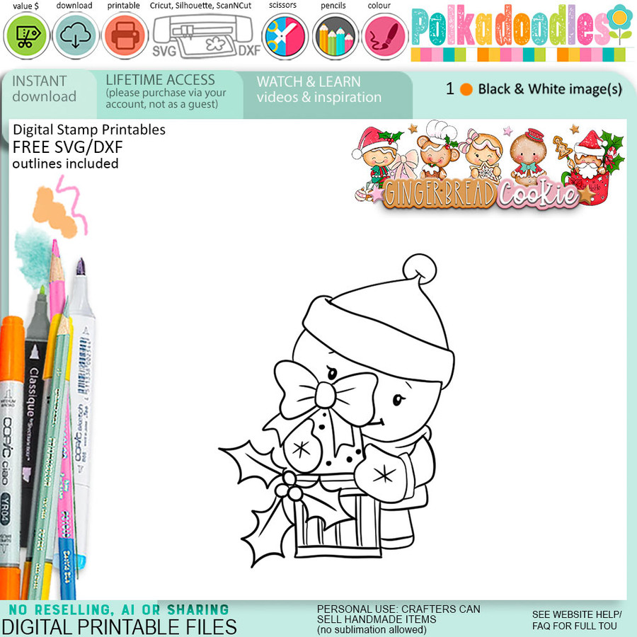 Gift Giving Christmas Gingerbread Cookie digital stamps, printables for card making, craft, junk journals