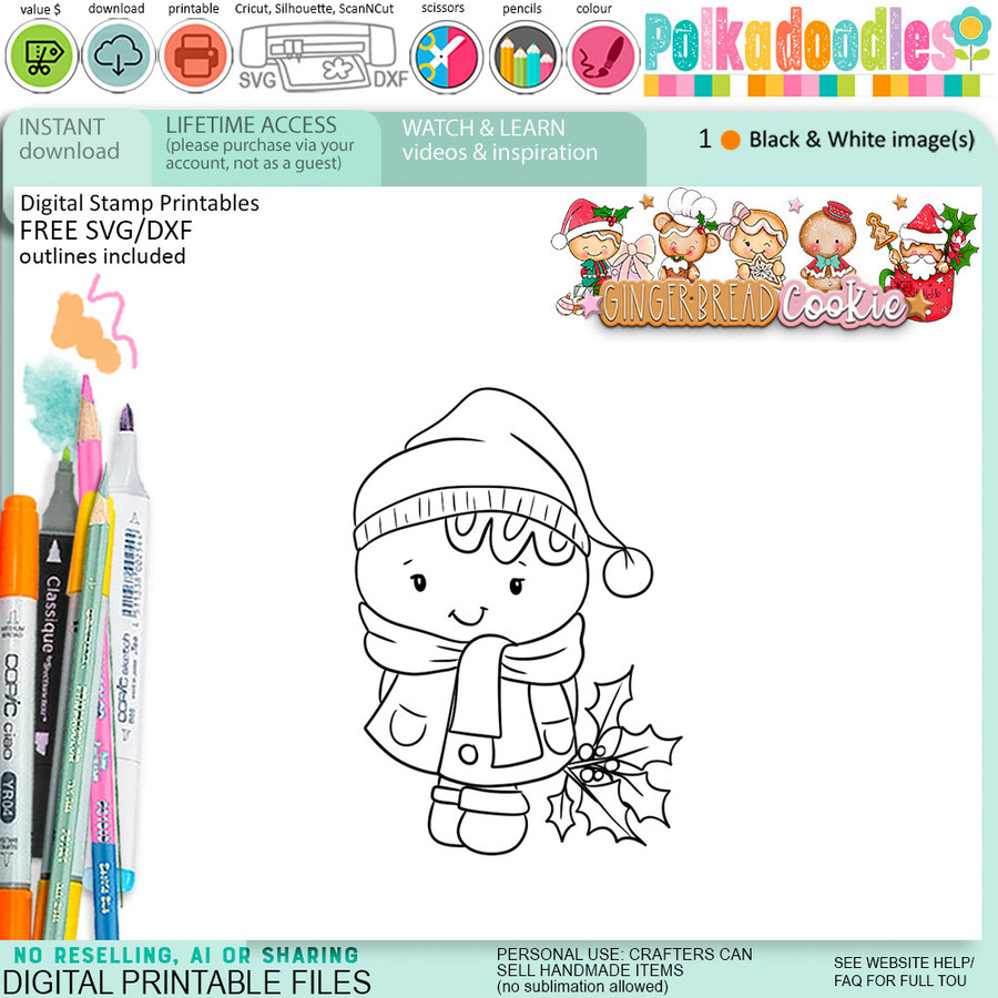 Holly Christmas Gingerbread Cookie digital stamps, printables for card making, craft, junk journals