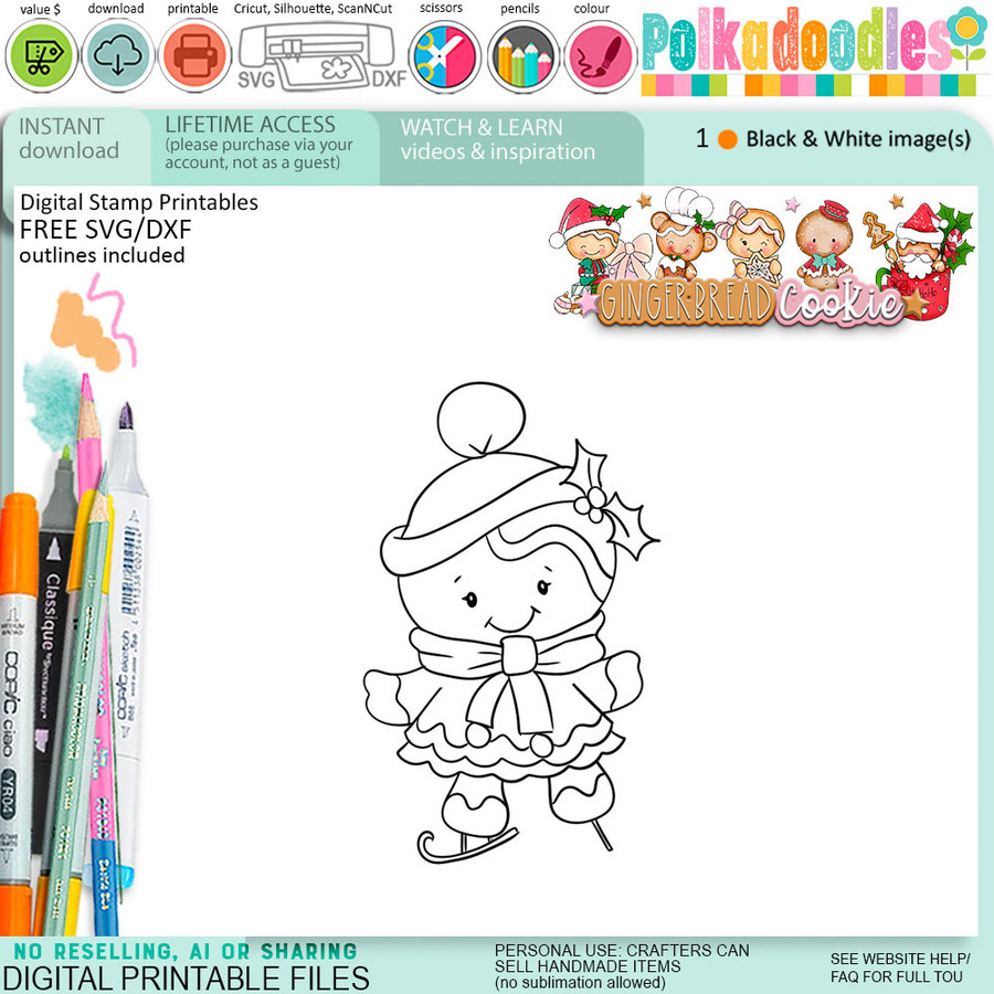 Ice skating Christmas Gingerbread Cookie digital stamps, printables for card making, craft, junk journals