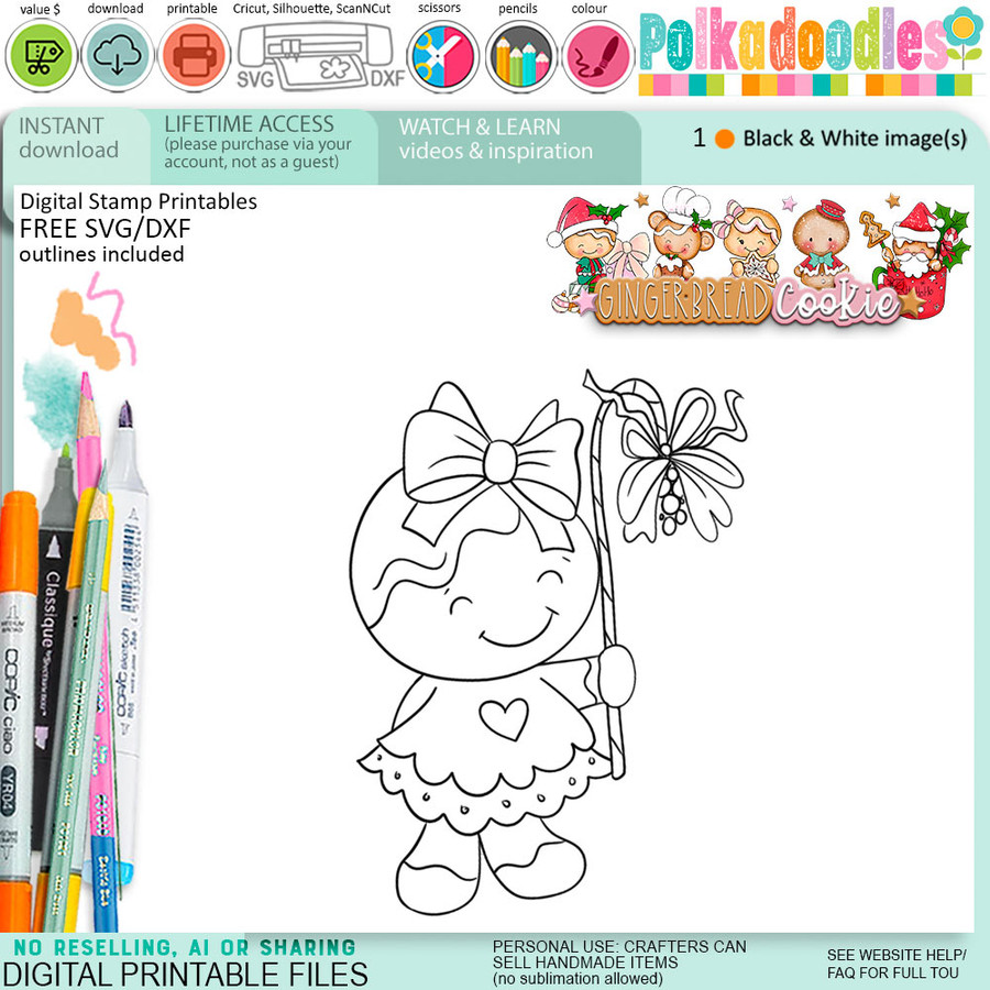 Mistletoe Christmas Gingerbread Cookie digital stamps, printables for card making, craft, junk journals