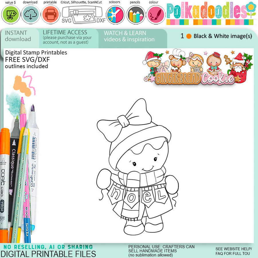 Noel Christmas Gingerbread Cookie digital stamps, printables for card making, craft, junk journals